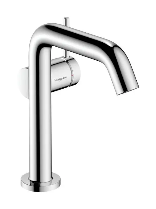 Ein moderner Wasserhahn aus verchromtem Metall mit einem geschwungenen Auslauf und einem seitlichen Hebel zur Temperatureinstellung, hergestellt von Hansgrohe.